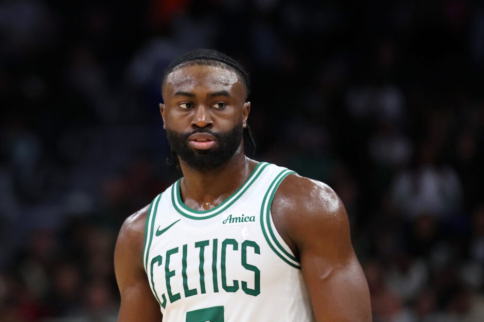 Jaylen Brown #7 of the Boston Celtics walks backcourt during a game against the Milwaukee Bucks at Fiserv Forum