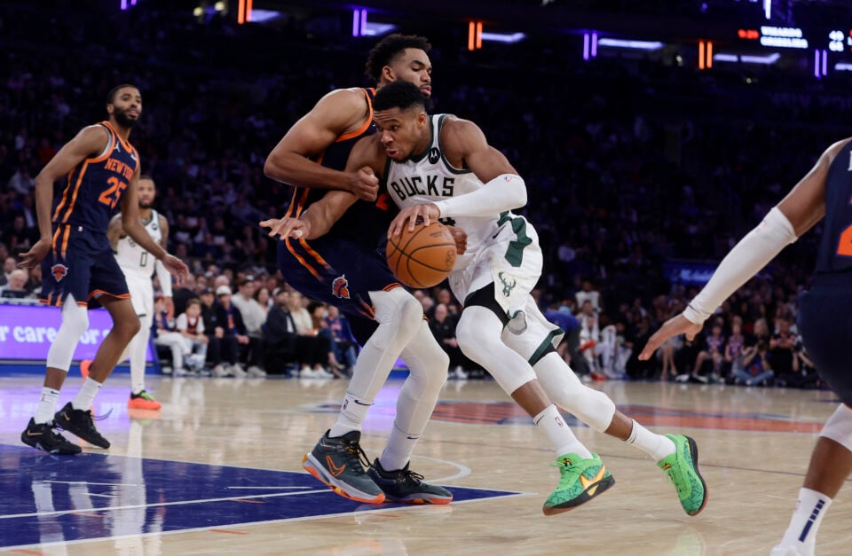 Giannis Antetokounmpo #34 of the Milwaukee Bucks in action against Karl-Anthony Towns #32 of the New York Knicks at Madison Square Garden on November 08, 2024 in New York City. The Knicks defeated the Bucks 116-94.