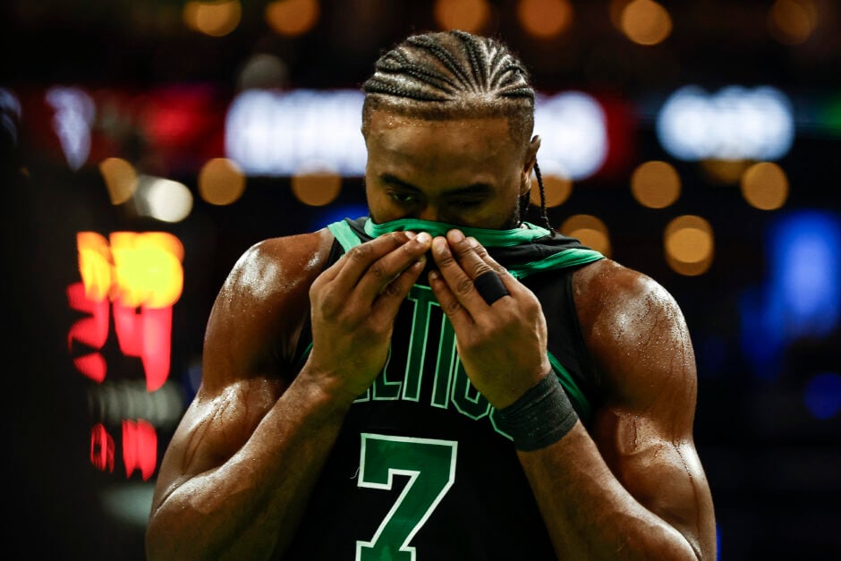 Jaylen Brown #7 of the Boston Celtics looks on while playing the Cleveland Cavaliers during the third quarter of the Emirates NBA Cup at TD Garden on November 19, 2024 in Boston, Massachusetts.
