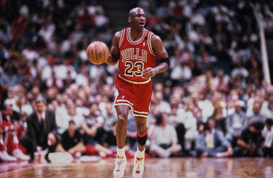 Michael Jordan in action for the Chicago Bulls during an NBA game