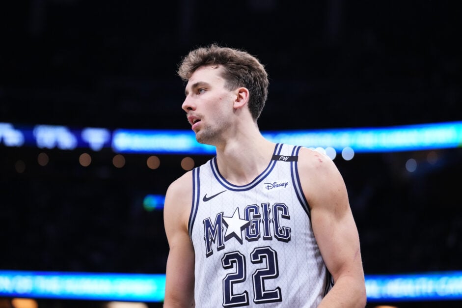 Franz Wagner #22 of the Orlando Magic looks on against the Detroit Pistons during the third quarter at Kia Center.