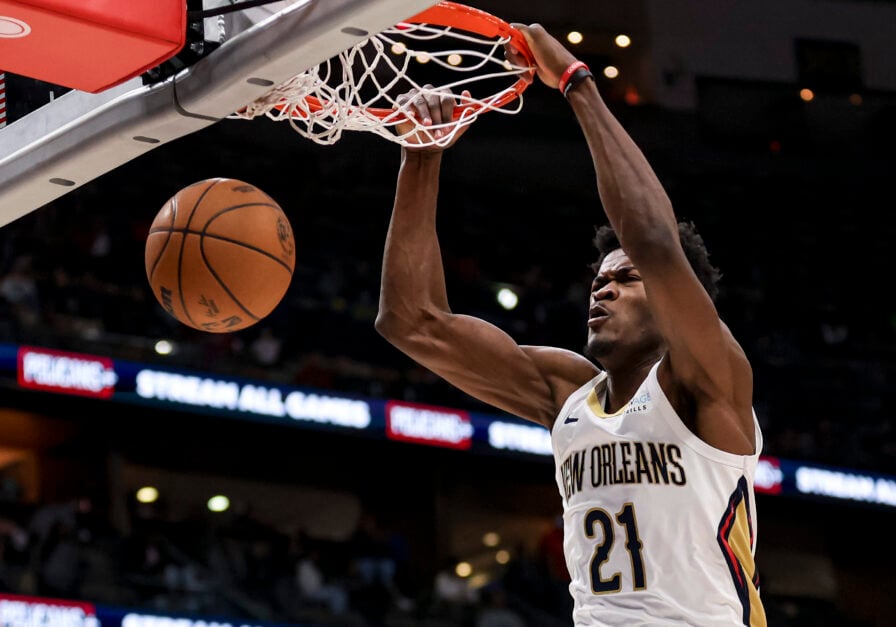 Yves Missi #21 of the New Orleans Pelicans dunks against the Oklahoma City Thunder during the second half of a game at the Smoothie King Center on December 7, 2024 in New Orleans, Louisiana.