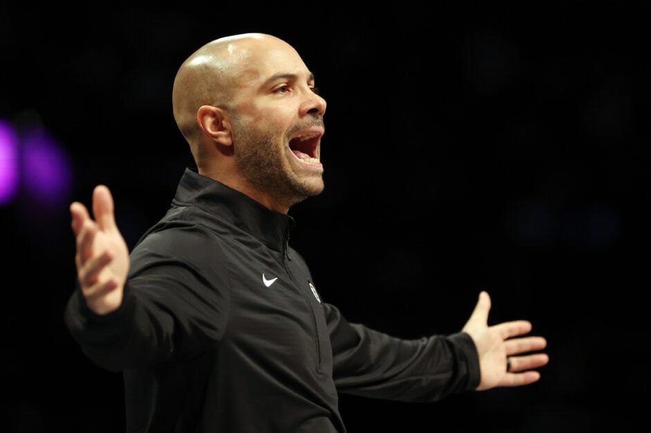 Head coach Jordi Fernandez of the Brooklyn Nets reacts during the first half against the Indiana Pacers at Barclays Center.