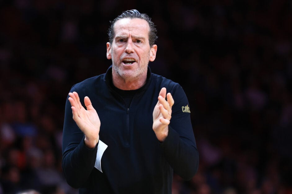 Head coach Kenny Atkinson of the Cleveland Cavaliers reacts during the second quarter of the game against the Miami Heat at Kaseya Center.