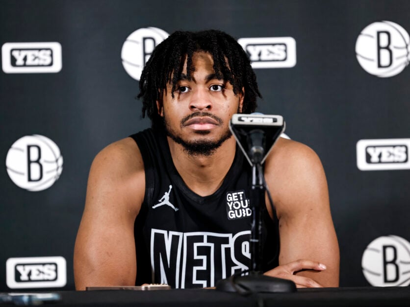 Brooklyn Nets guard Cam Thomas answers questions from the media.