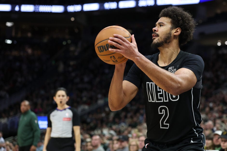 Cameron Johnson #2 of the Brooklyn Nets takes a three point shot