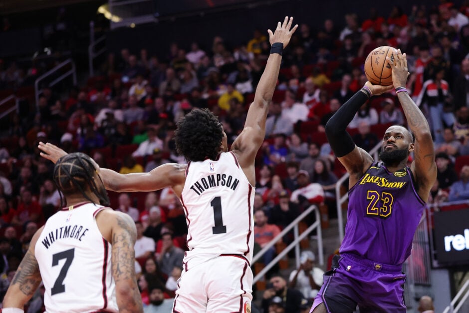 Los Angeles Lakers forward LeBron James shoots over Houston Rockets forward Amen Thompson