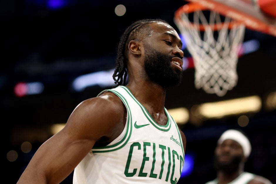 Jaylen Brown #7 of the Boston Celtics reacts after the basket during the third quarter against the Los Angeles Clippers at Intuit Dome.