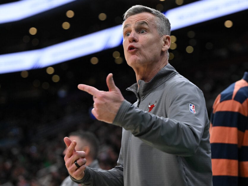 Head coach Billy Donovan of the Chicago Bulls reacts during the third quarter of a game against the Boston Celtics at the TD Garden.
