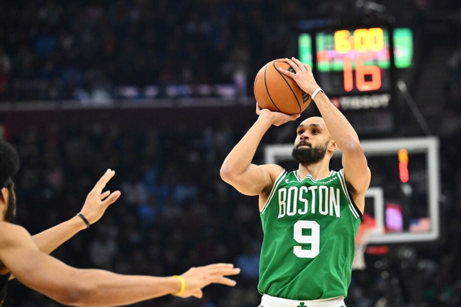 Boston Celtics guard Derrick White shoots against the Cleveland Cavaliers