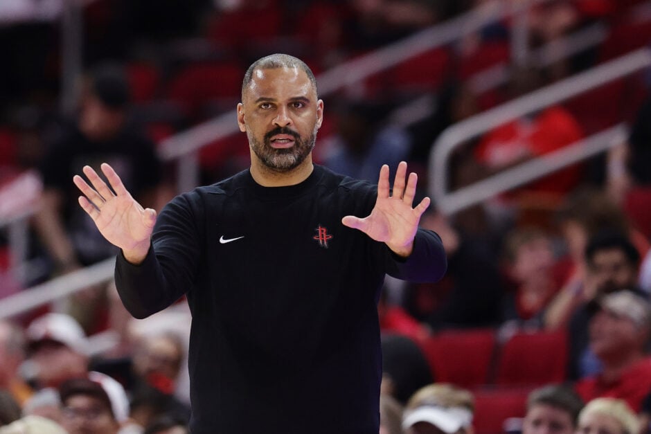 Head Coach Ime Udoka of the Houston Rockets reacts against the Toronto Raptors during the second half at Toyota Center.