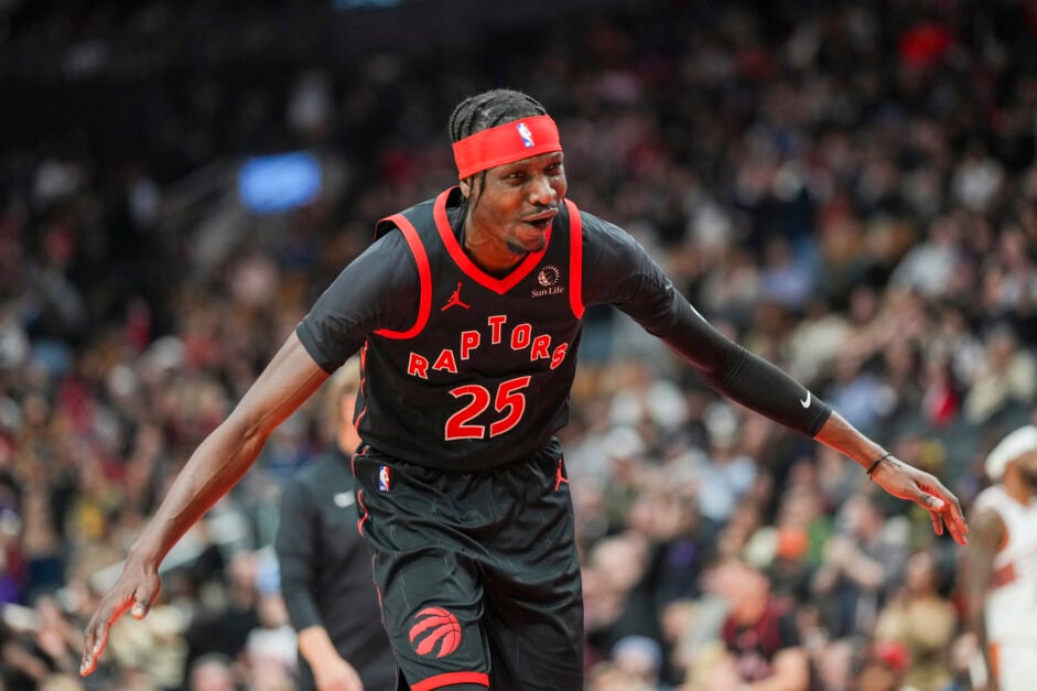 Chris Boucher #25 of the Toronto Raptors celebrates during the second half against the Phoenix Suns at Scotiabank Arena.