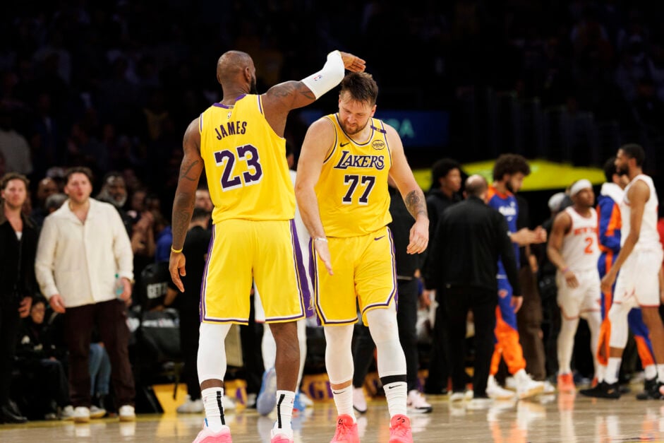 Los Angeles Lakers forward LeBron James celebrates with guard Luka Doncic
