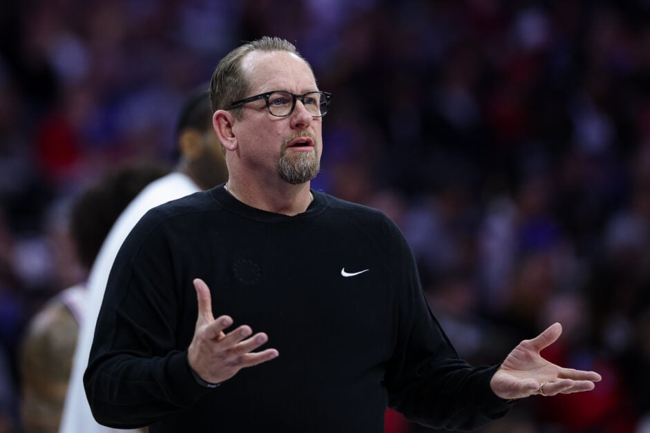 Head coach Nick Nurse of the Philadelphia 76ers reacts against the Golden State Warriors during the first half of the game at the Wells Fargo Center.