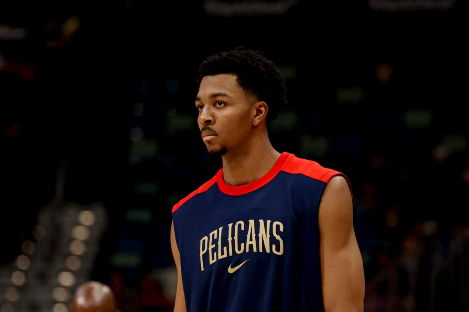 New Orleans Pelicans star Trey Murphy III looks on during warm ups against the Orlando Magic.