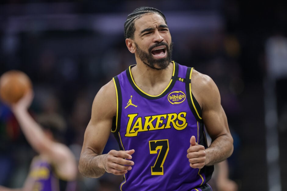 Gabe Vincent #7 of the Los Angeles Lakers reacts during the game against the Indiana Pacers at Gainbridge Fieldhouse.