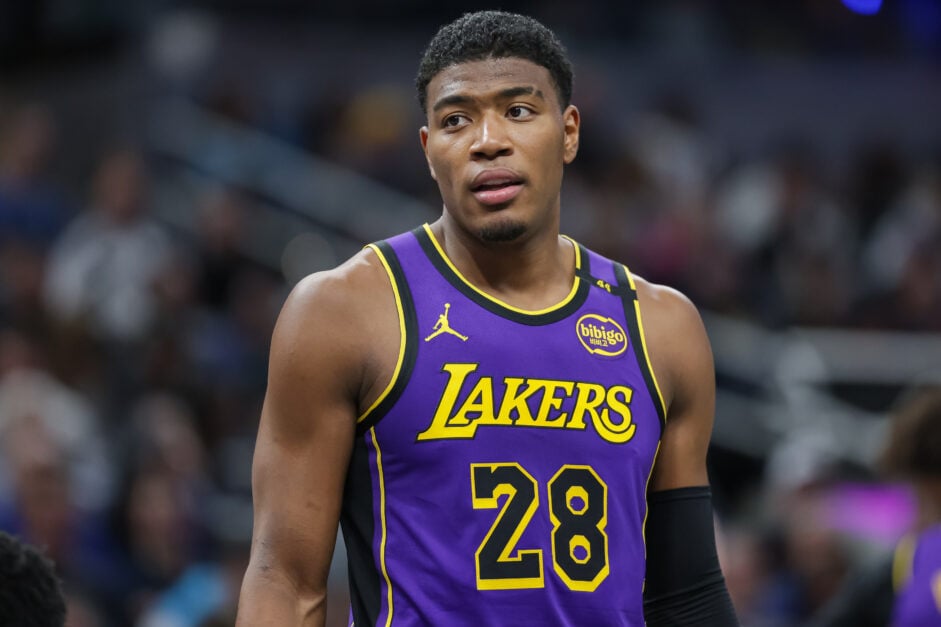 Rui Hachimura #28 of the Los Angeles Lakers looks on during the game against the Indiana Pacers at Gainbridge Fieldhouse.