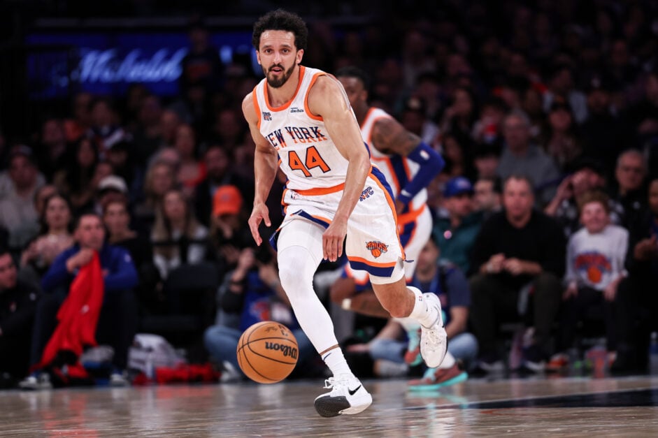 Landry Shamet #44 of the New York Knicks brings the ball up court during the fourth quarter against the Portland Trail Blazers at Madison Square Garden