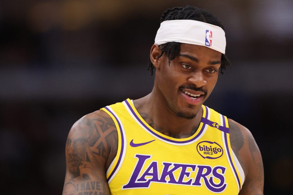 Jarred Vanderbilt #2 of the Los Angeles Lakers looks on against the Chicago Bulls during the first half at the United Center.