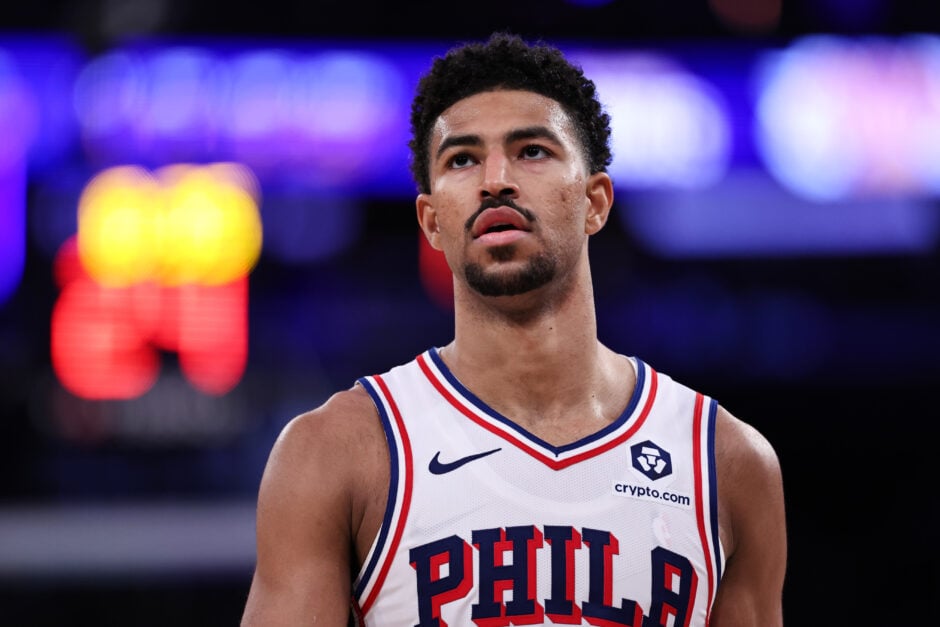 Quentin Grimes #5 of the Philadelphia 76ers looks on during the third quarter of the game against the New York Knicks.