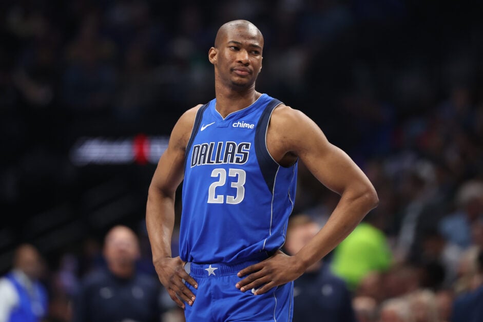 Kai Jones #23 of the Dallas Mavericks looks on during the first quarter against the Brooklyn Nets at American Airlines Center.