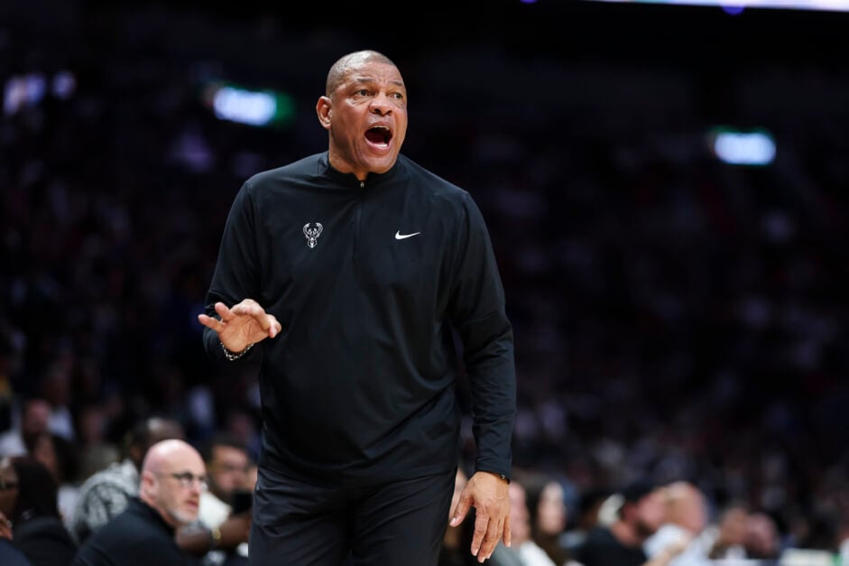 Milwaukee Bucks Head Coach Doc Rivers reacts during the fourth quarter against the Miami Heat at Kaseya Center.