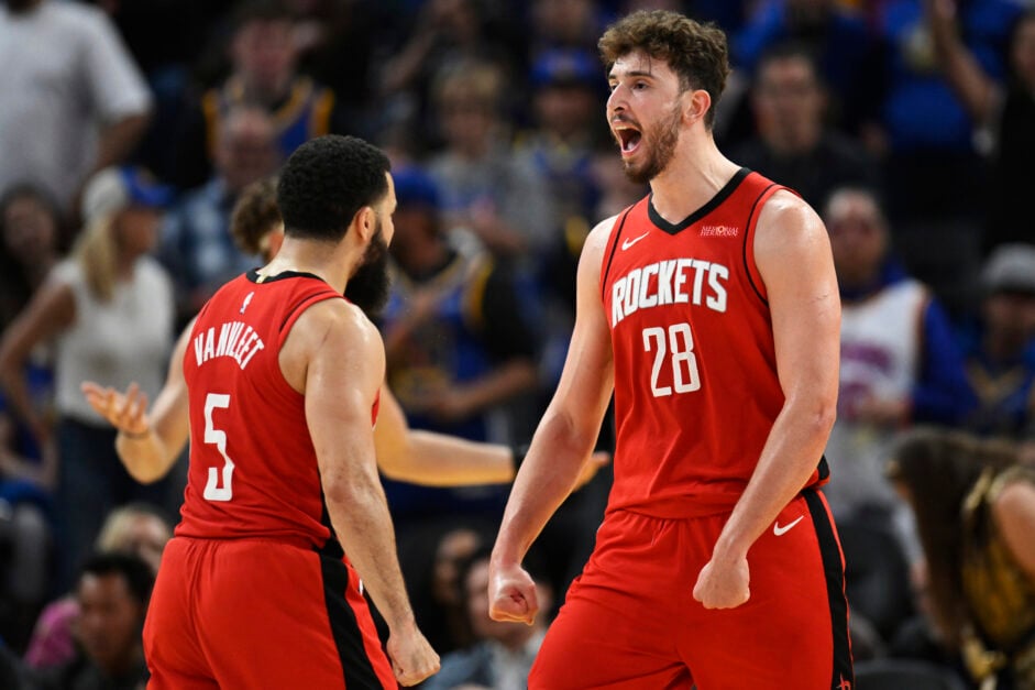Alperen Sengun and Fred VanVleet during an NBA game last season