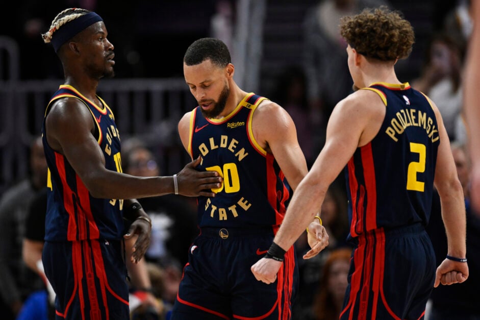 Golden State Warriors stars Brandin Podziemski, Stephen Curry, and Jimmy Butler