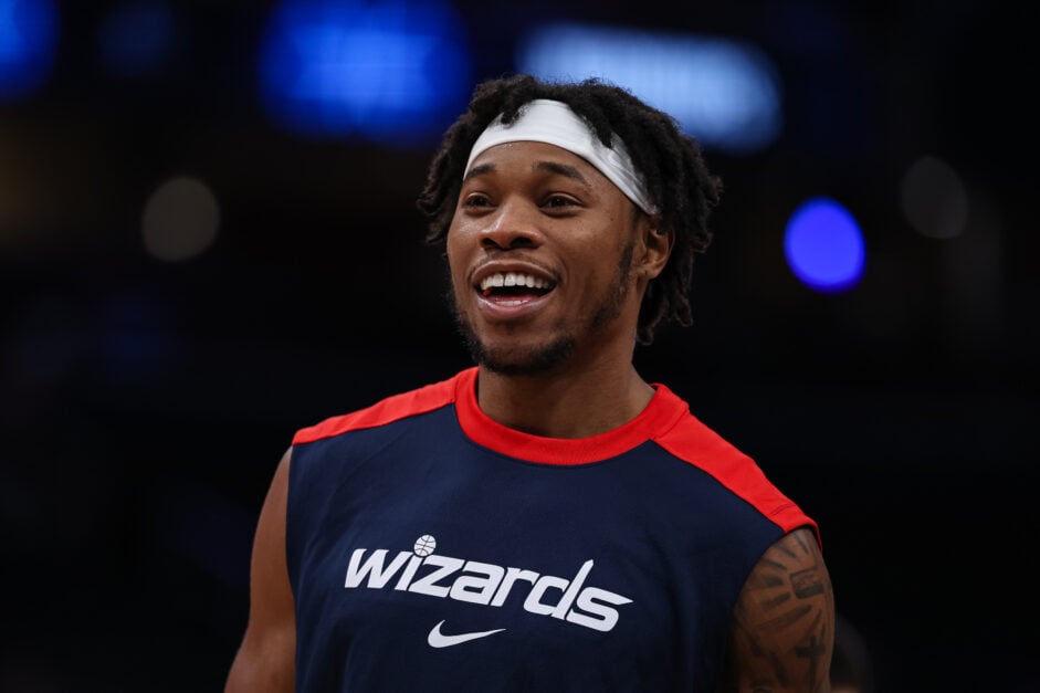 Richaun Holmes #22 of the Washington Wizards reacts before the game against the Brooklyn Nets at Capital One Arena.