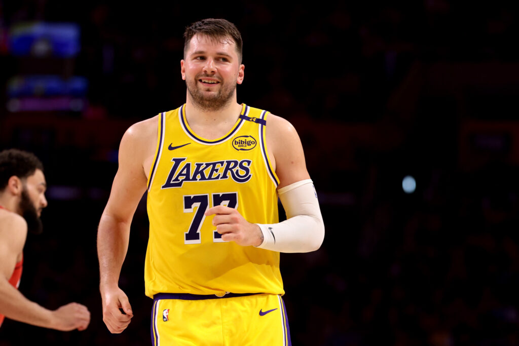Luka Doncic #77 of the Los Angeles Lakers reacts after a basket