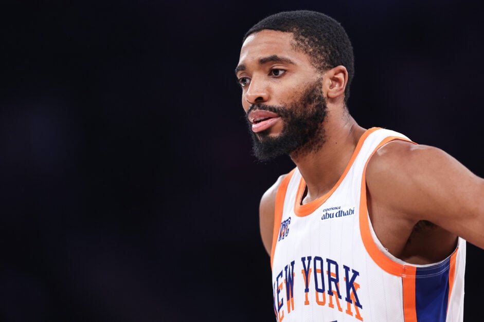 Mikal Bridges #25 of the New York Knicks looks on during the first quarter of the game against the Cleveland Cavaliers at Madison Square Garden.