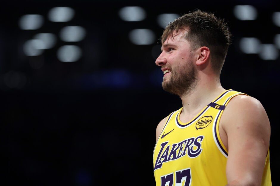 Luka Doncic #77 of the Los Angeles Lakers in action during the game against the Brooklyn Nets at Barclays Center on March 10, 2025 in the Brooklyn borough of New York City. The Nets won 111-108.