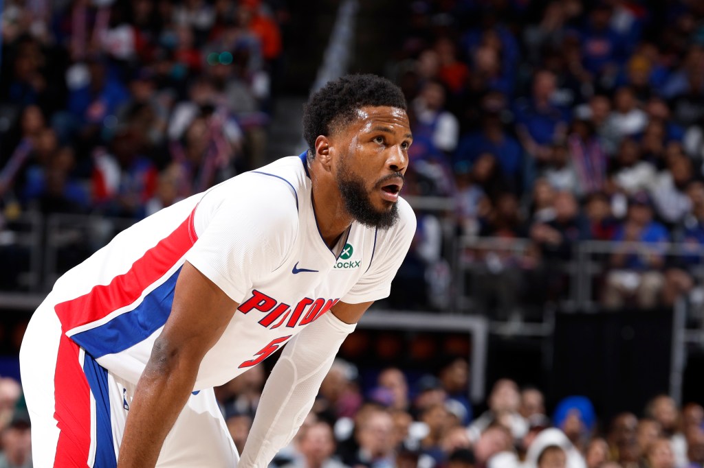 Malik Beasley #5 of the Detroit Pistons looks on during the game against the New York Knicks during Round 1 Game 4 of the 2025 NBA Playoffs on April 27, 2025 at Little Caesars Arena in Detroit, Michigan. 
