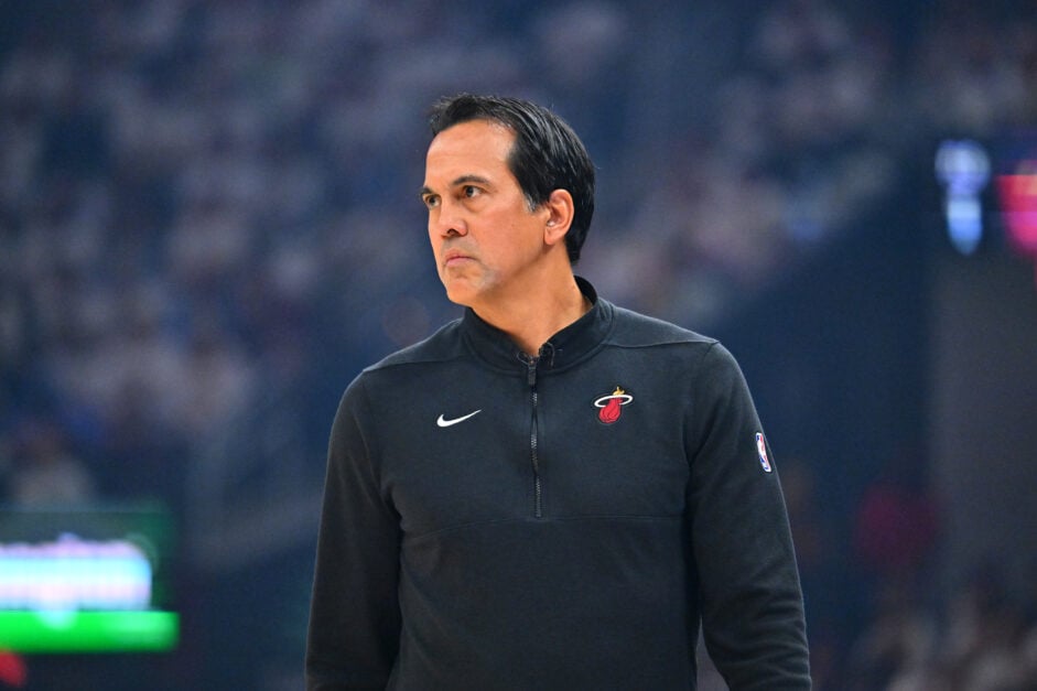 Longtime Miami Heat head coach Erik Spoelstra coaching his team from the sidelines.