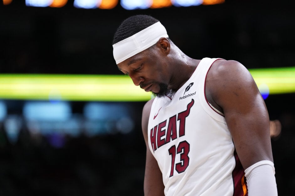 Bam Adebayo #13 of the Miami Heat reacts against the Cleveland Cavaliers during the fourth quarter in Game Three of the Eastern Conference First Round NBA Playoffs at Kaseya Center.