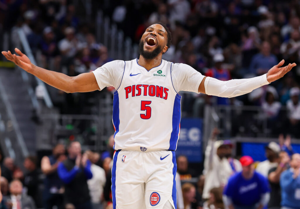 Malik Beasley #5 of the Detroit Pistons reacts in Game Four of the Eastern Conference First Round NBA Playoffs against the New York Knicks