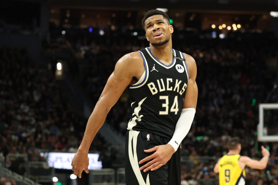 Giannis Antetokounmpo #34 of the Milwaukee Bucks reacts during the final seconds of the third quarter in Game Four of the Eastern Conference First Round NBA Playoffs against the Indiana Pacers.