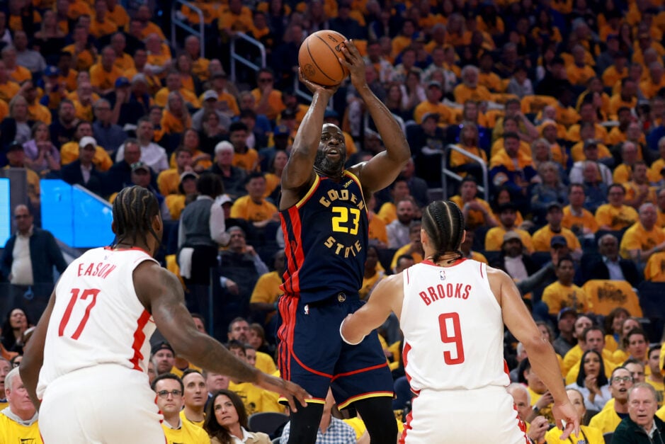 Draymond Green #23 of the Golden State Warriors shoots the ball against Tari Eason #17 and Dillon Brooks #9 of the Houston Rockets during the first quarter in Game Four of the Western Conference First Round NBA Playoffs at Chase Center on April 28, 2025 in San Francisco, California.