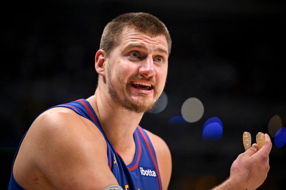 Nikola Jokic (15) of the Denver Nuggets argues with referee Courtney Kirkland (61) during the fourth quarter of the Nuggets' 120-101 series-clinching win over the LA Clippers at Ball Arena.
