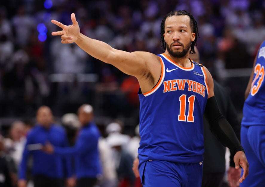 Jalen Brunson #11 of the New York Knicks celebrates after making a three-point basket late during the fourth quarter against the Detroit Pistons in Game Six of the Eastern Conference First Round NBA Playoffs.