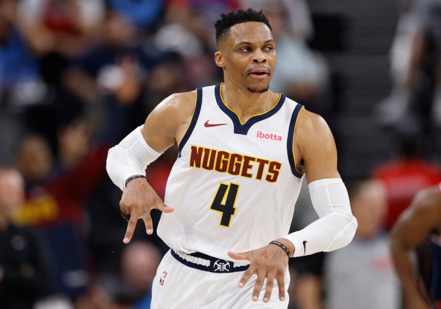 Russell Westbrook #4 of the Denver Nuggets reacts after making a three-point basket during the second quarter against the LA Clippers in Game Six of the Western Conference First Round NBA Playoffs.