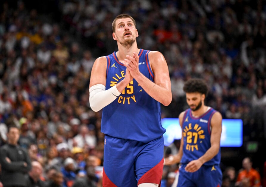 Denver Nuggets center Nikola Jokic looks at the scoreboard against the OKC Thunder