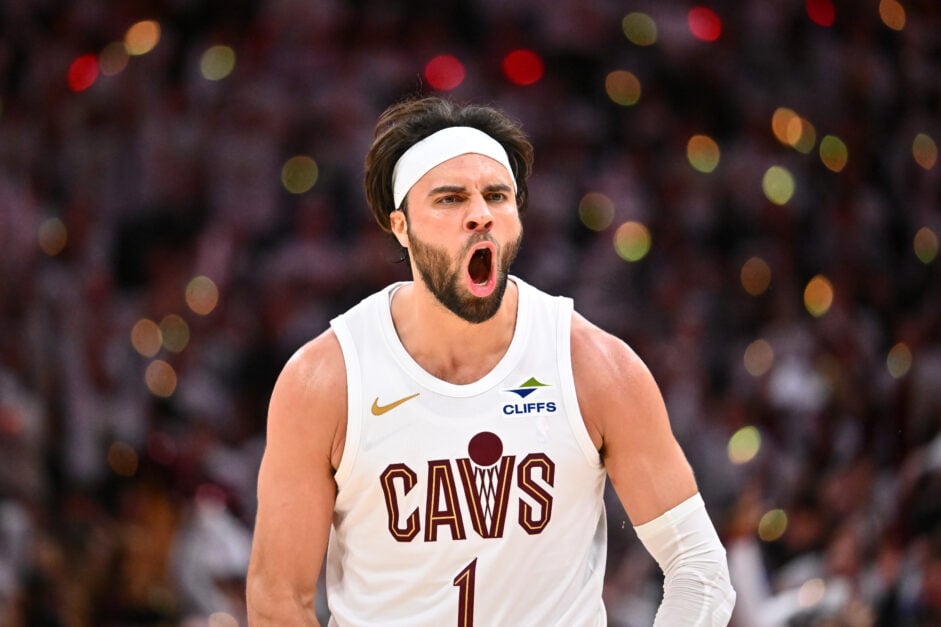 Max Strus celebrates scoring for Cleveland Cavaliers