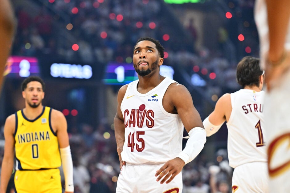 Donovan Mitchell of the Cleveland Cavaliers reacts against the Indiana Pacers