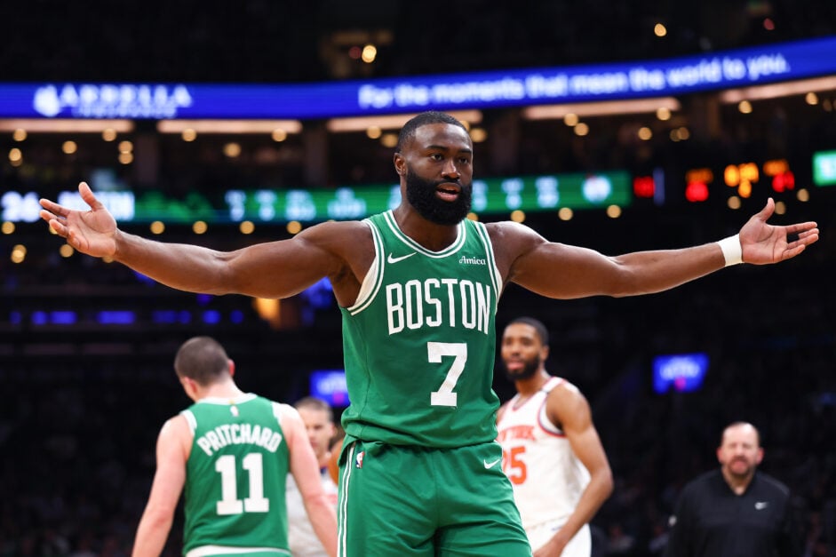 Boston Celtics star forward Jaylen Brown playing against the New York Knicks in the 2025 NBA Playoffs.