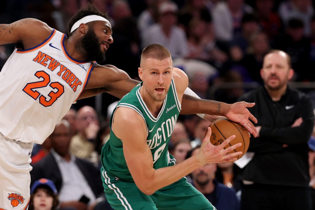 Kristaps Porzingis defended by Mitchell Robinson during Game 3 of Knicks vs. Celtics