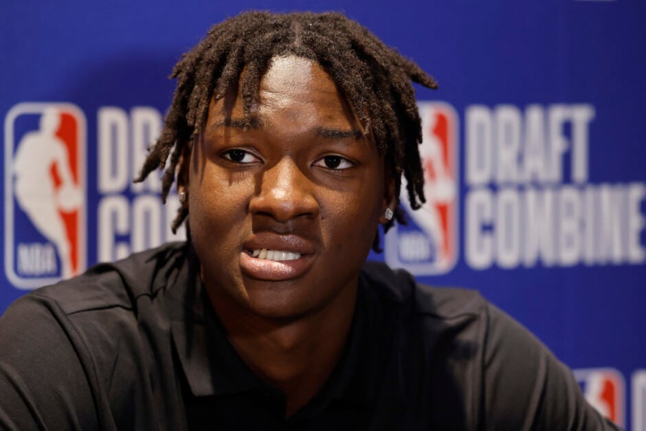 Adou Thiero answers questions from reporters during media availability at the 2025 NBA Draft Combine.