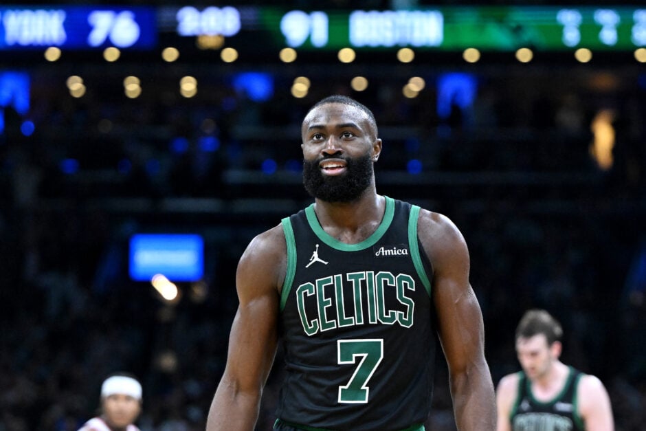 Jaylen Brown reacts against the New York Knicks during the third quarter in Game Five of the Eastern Conference Second Round