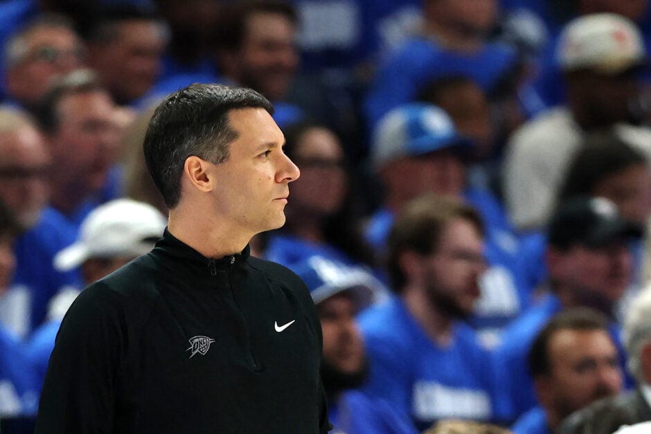 Head coach Mark Daigneault of the Oklahoma City Thunder looks towards his left during Game 2 of the 2025 NBA Finals vs the Indiana Pacers.