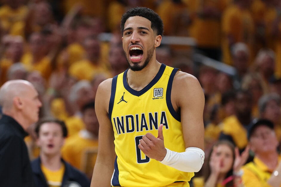 Tyrese Haliburton celebrates during Game 4 between the Indiana Pacers and the Oklahoma City Thunder.